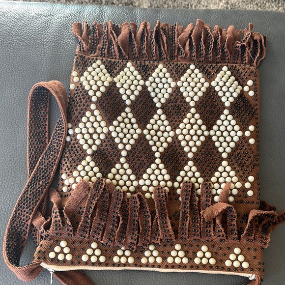 Handcrafted Brown Beaded Fringe Bag - Picture 2 of 3